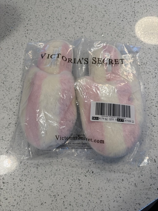 Victoria's Secret Shoes - Victoria's Secret Pink and Cream Fuzzy Slip-On Slippers